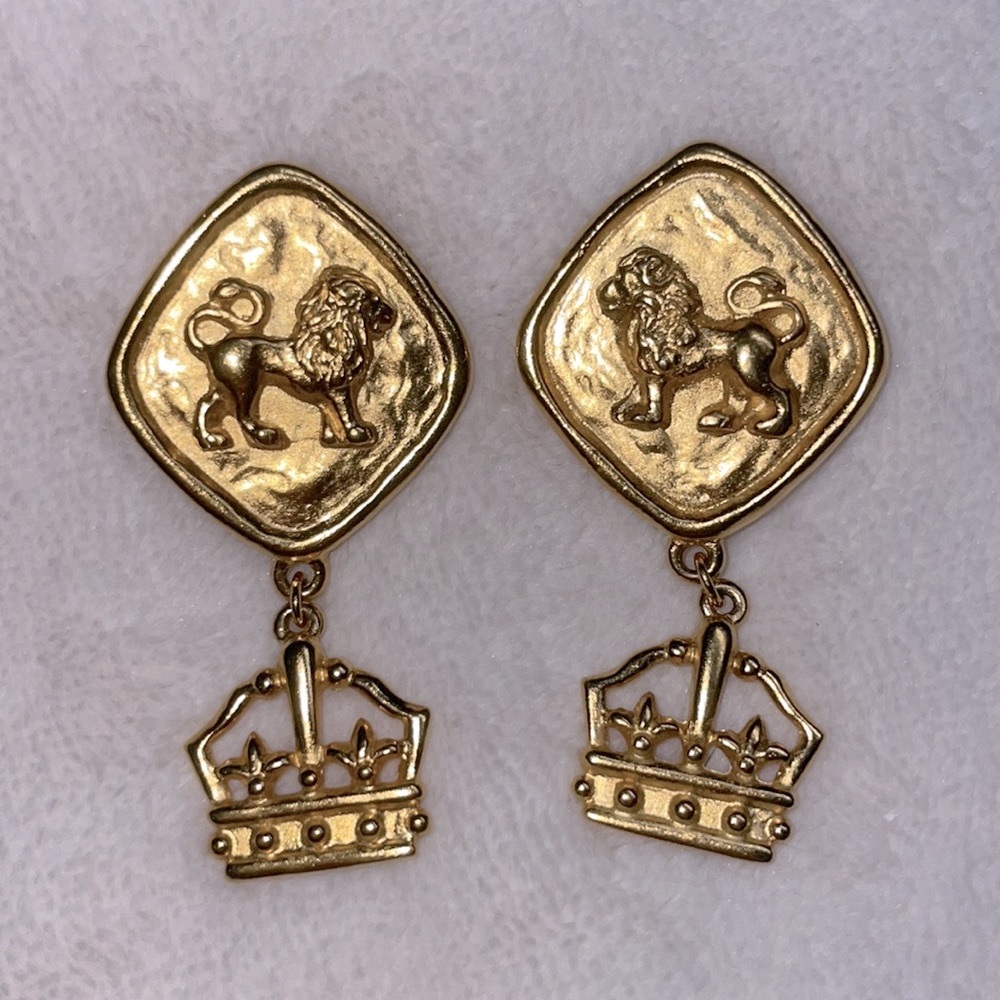 Gold Lion and Crown Earrings